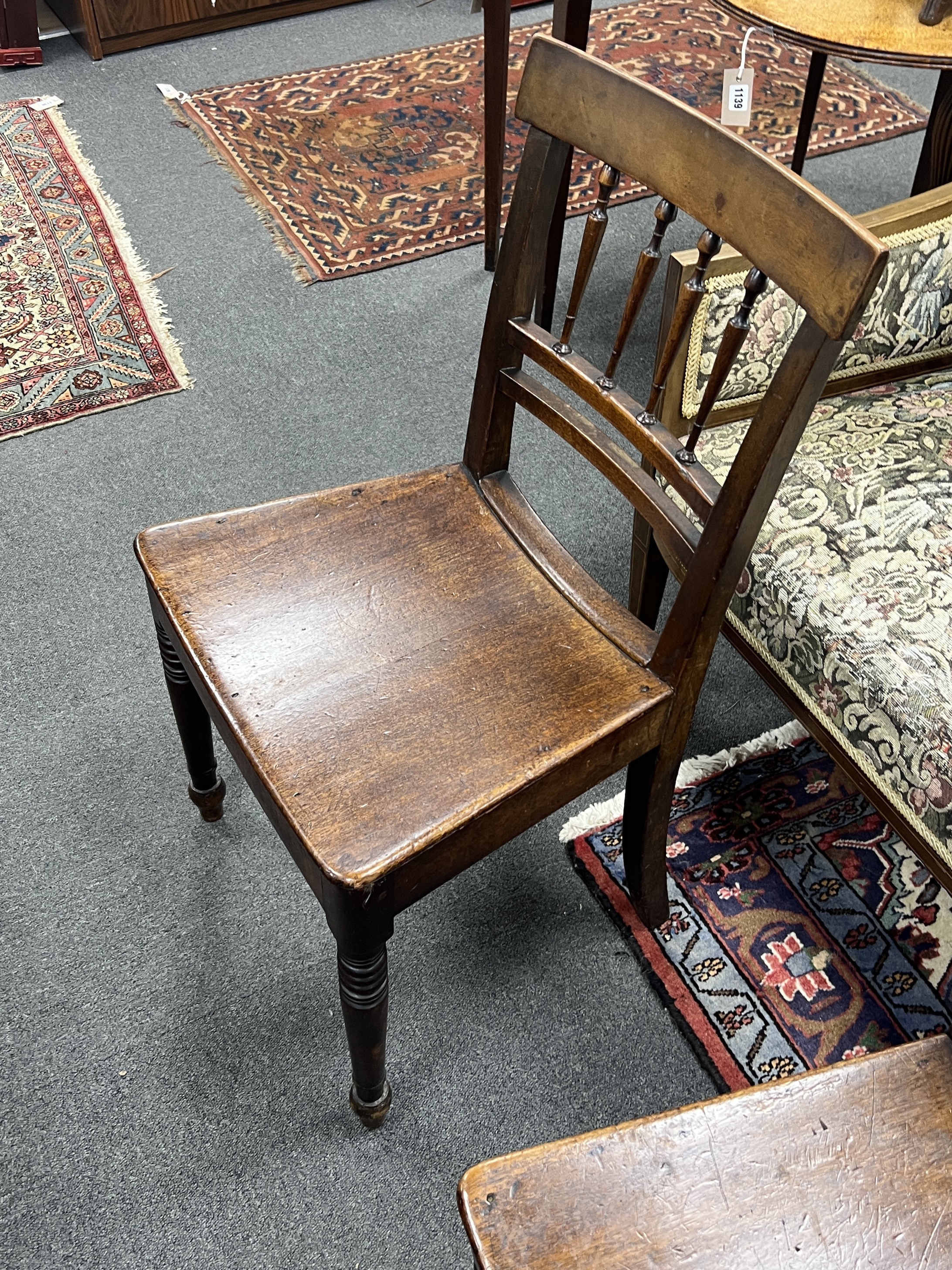A set of six Regency Provincial mahogany wood seat dining chairs, width 48cm, depth 39cm, height 87cm